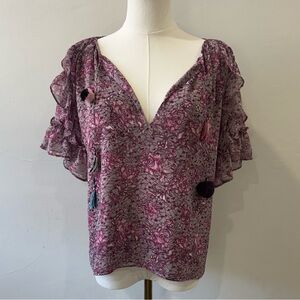🌸 MISA Los Angeles Floral Ruffle Tassel Blouse – Size XS
